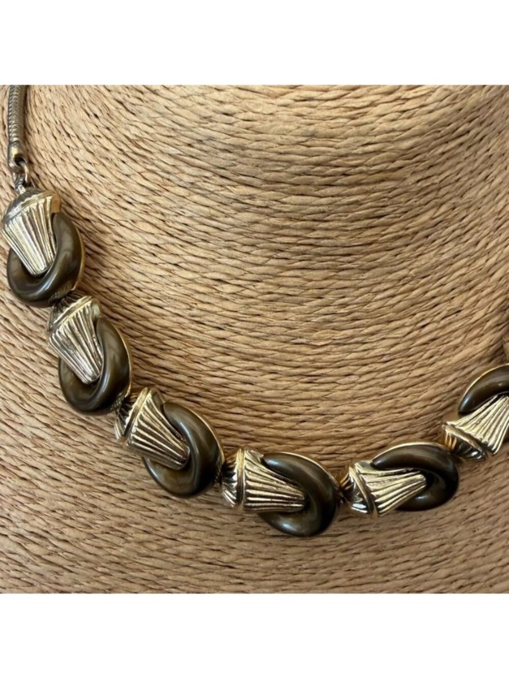 Vintage Trifari Gold Tone Brown Mayan Thermoset Necklace 1960s Adjustable Clasp